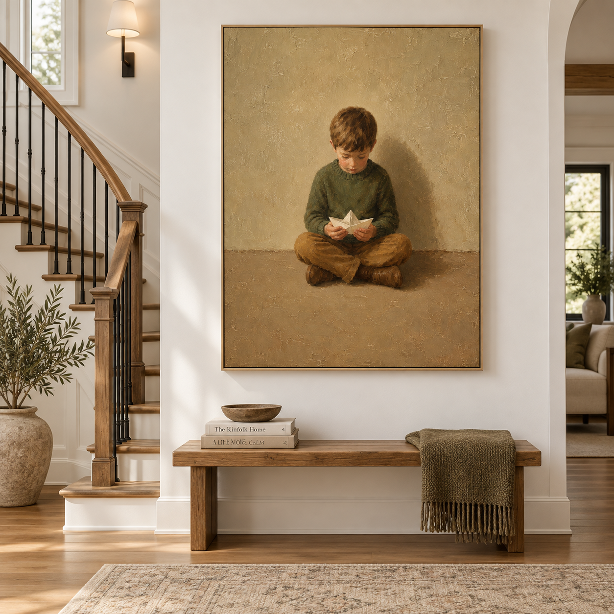 Boy With Paper Boat Hand-Painted Canvas Art In Green And Beige Tones