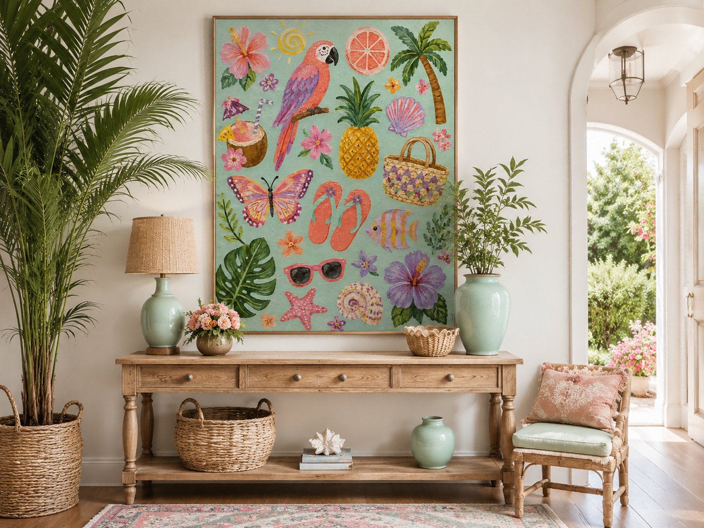 Vintage Coastal Wall Art With Seashells And Hibiscus Flowers For Beach House Bedroom