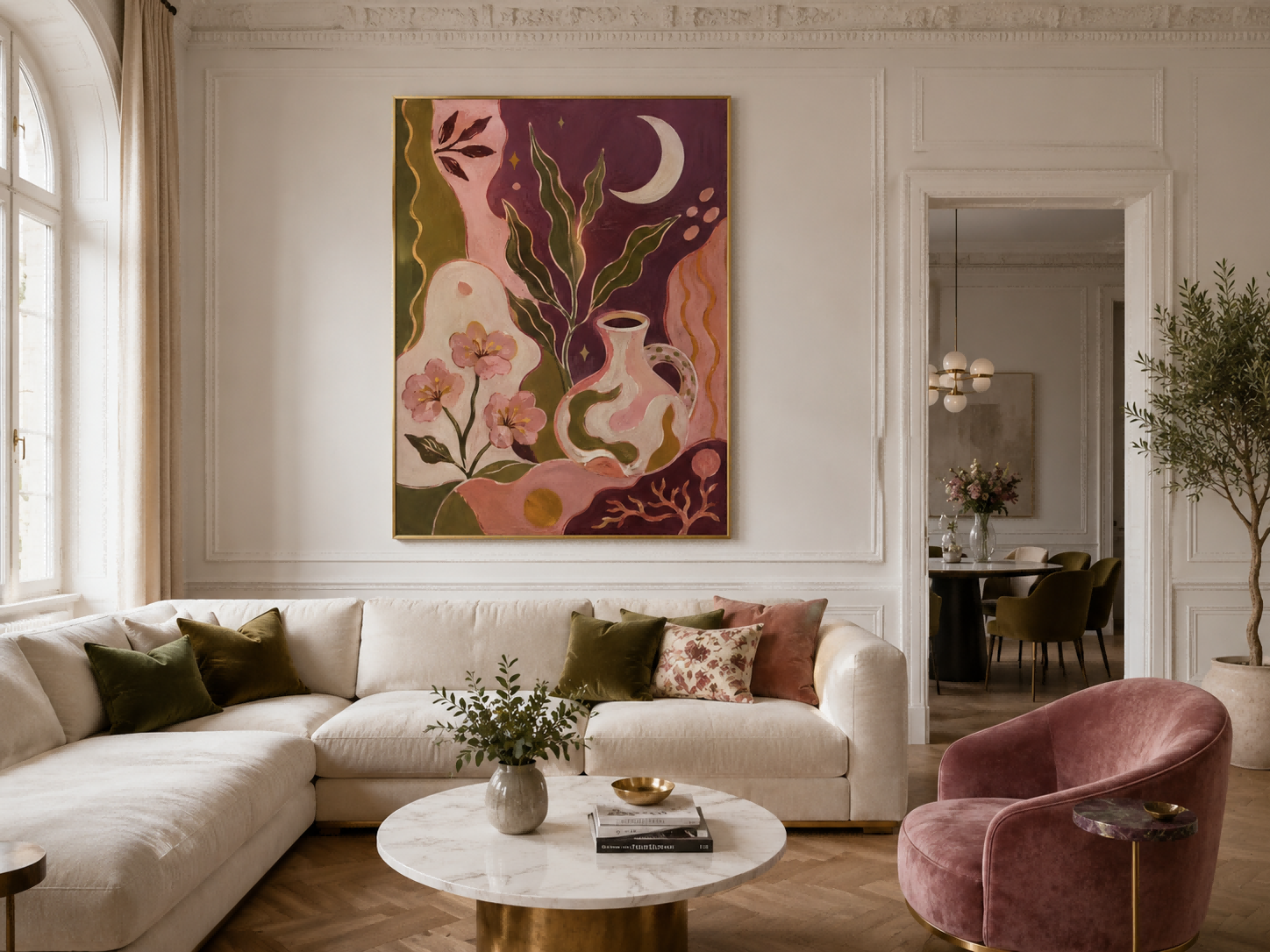 Fantasy Floral And Moon Art Deco Canvas Painting Hand-Painted Original Wall Art