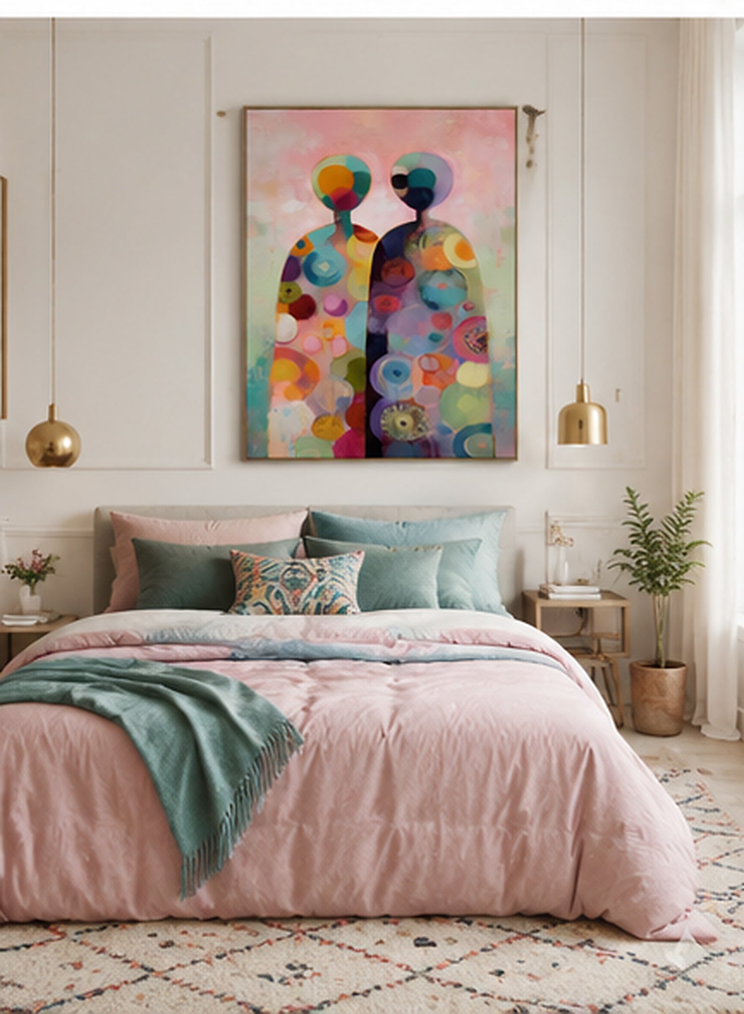Bohemian Style Abstract Art Canvas With Rich Texture And Colorful Circles For Bedroom Decoration