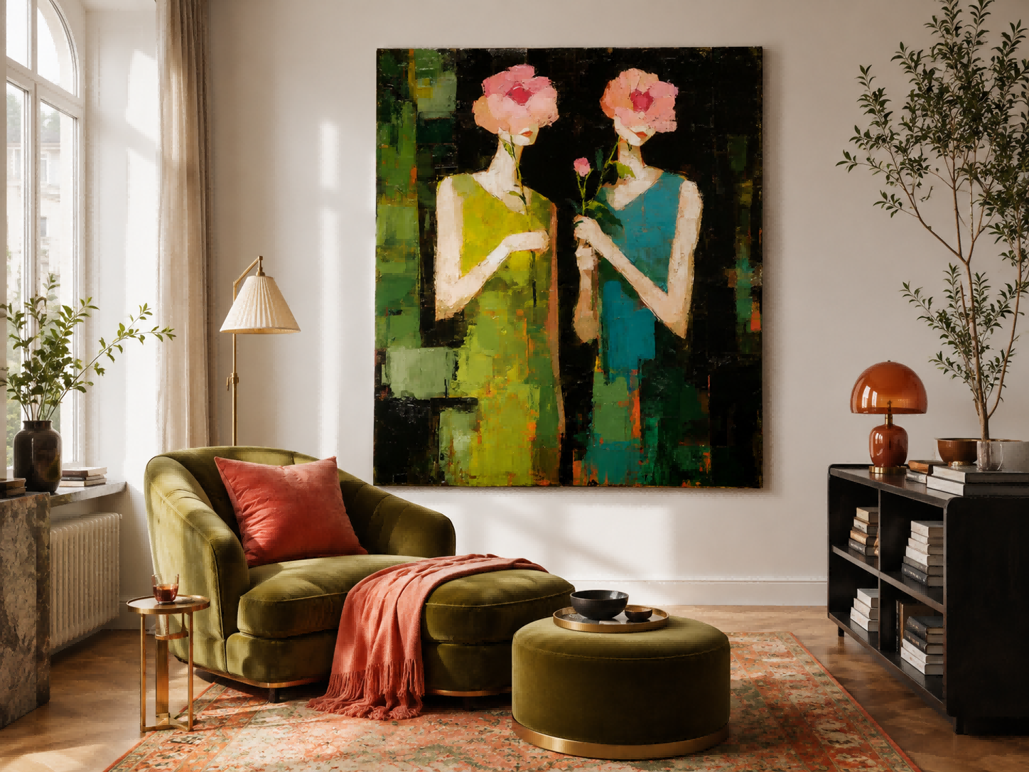 Vintage Floral Portrait Art With Expressive Brushwork For Chic Living Room Decor