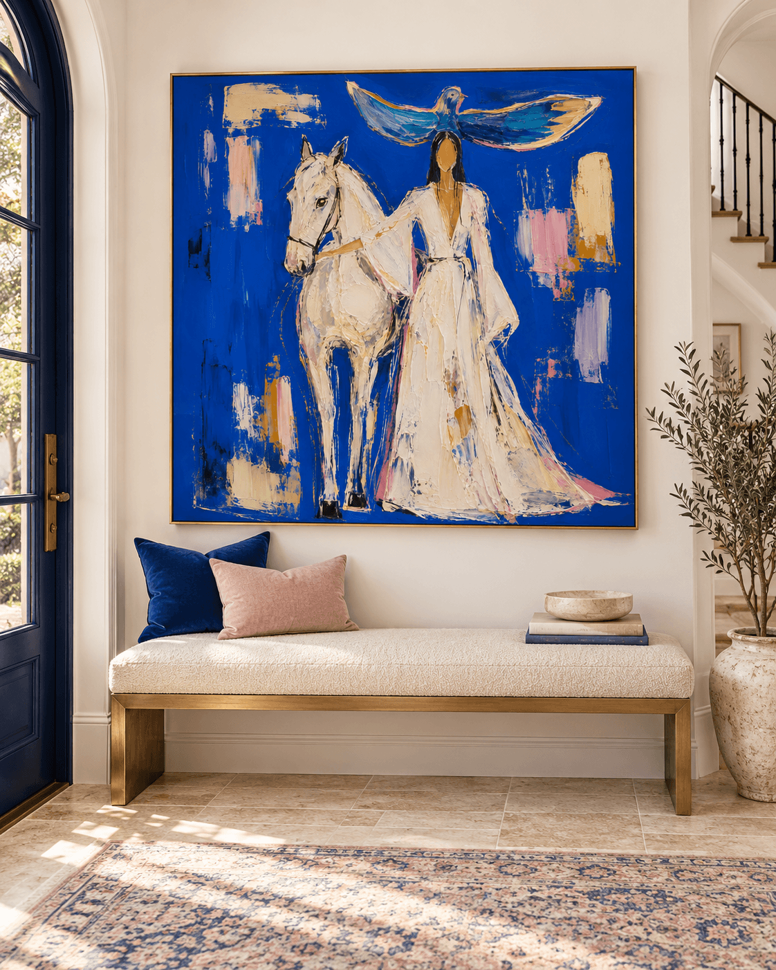 Woman With White Horse And Dove Abstract Canvas Painting In Klein Blue