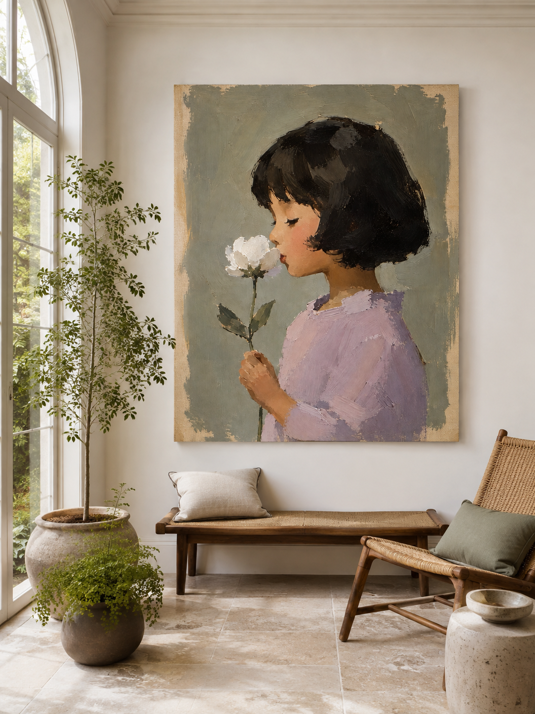 Modern Impasto Style Art Of Girl With Flower In Sage Green Tones