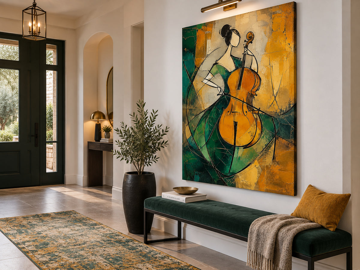 Cubist Style Minimalist Oil Painting With Textured Emerald And Gold Tones