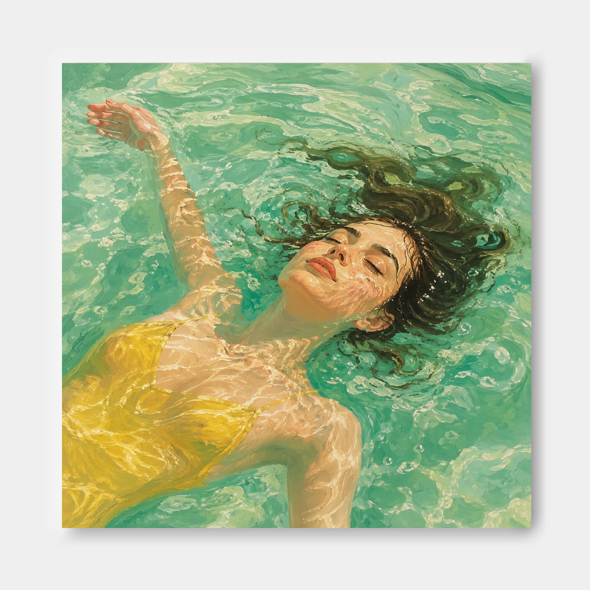 Realistic Oil Painting Of Woman Floating In Pool With Sunlight And Green Water For Modern Home Decor
