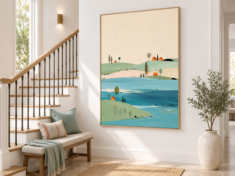 Minimalist Lake House Landscape Canvas Painting Hand-Painted Original Art