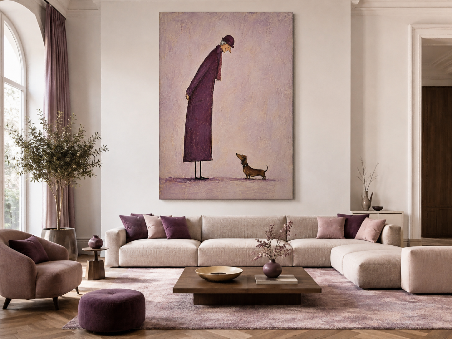 Emotional Pet Portrait Art Featuring Dachshund And Owner In Purple