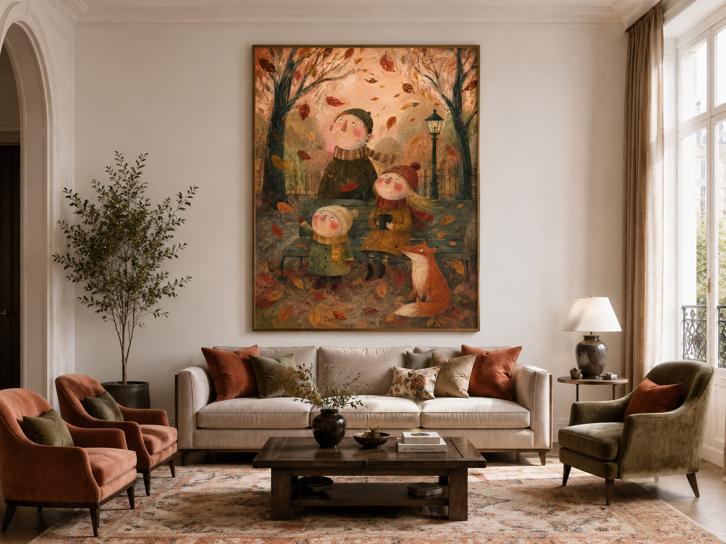 Family In Autumn Park Hand-Painted Canvas Wall Art