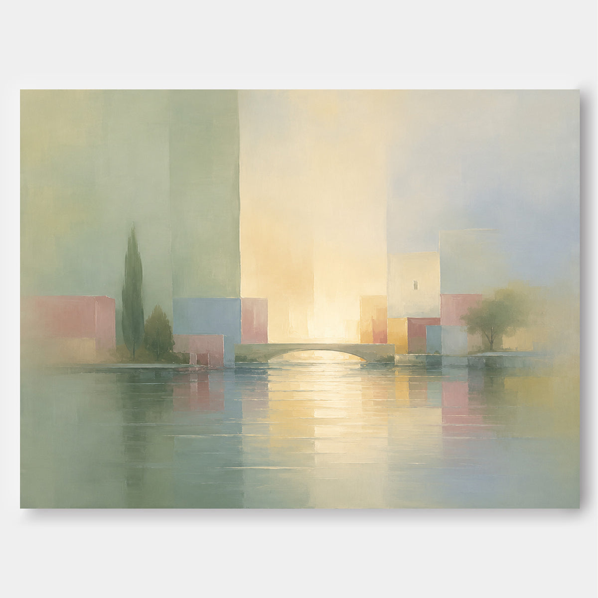Modern Impressionist Geometric Landscape Canvas Painting With Morandi Color Palette