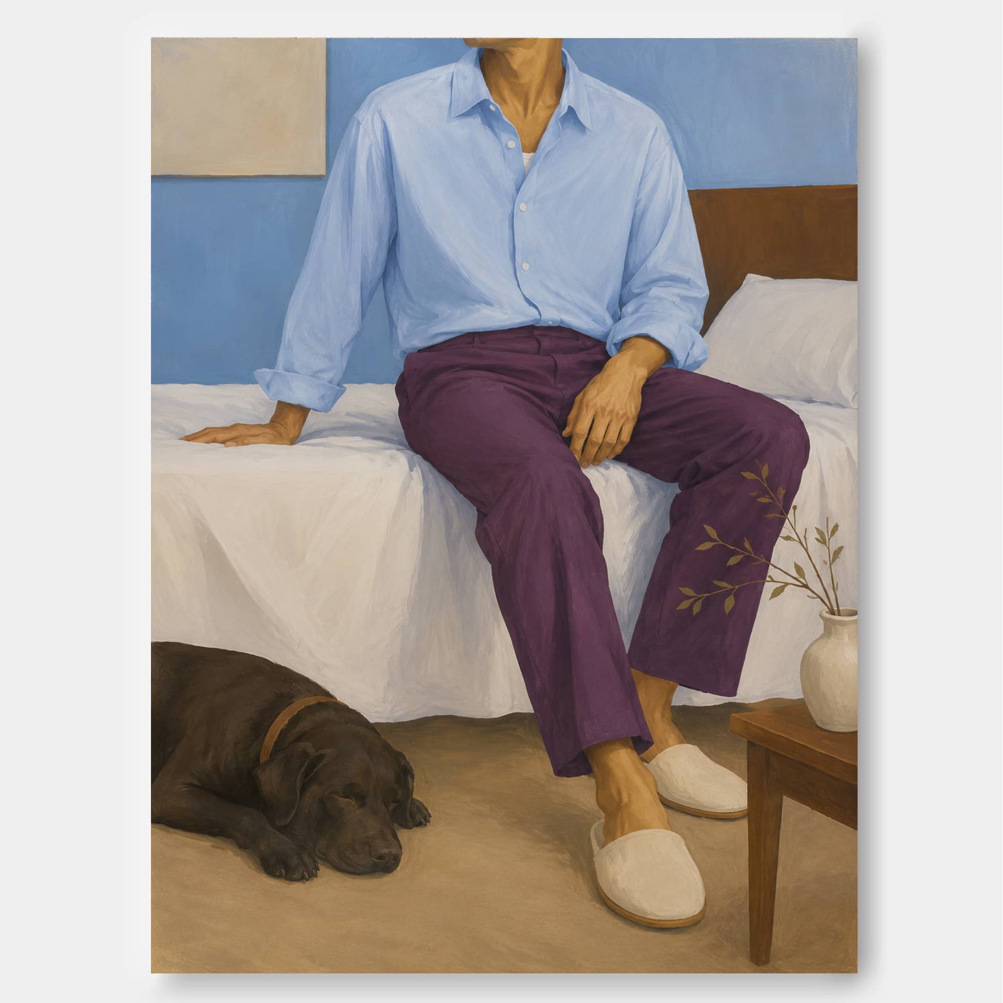 Modern Realist Oil Painting Of Casual Life And Companionship Cozy Bedroom Wall Art With Man And Pet Dog In Blue Tones