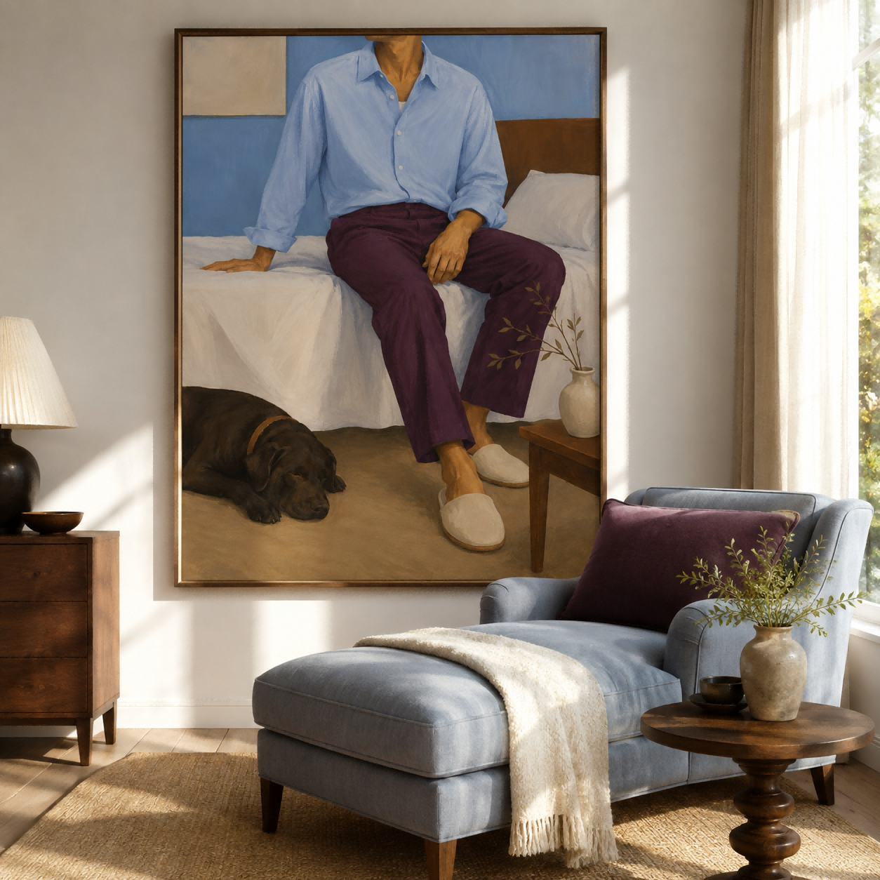 Modern Realist Oil Painting Of Casual Life And Companionship Cozy Bedroom Wall Art With Man And Pet Dog In Blue Tones