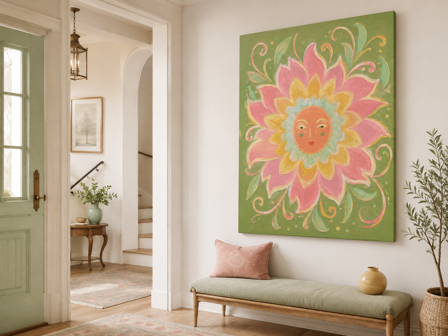 Art Deco Inspired Fantasy Flower Painting With Serene Sun Face Design