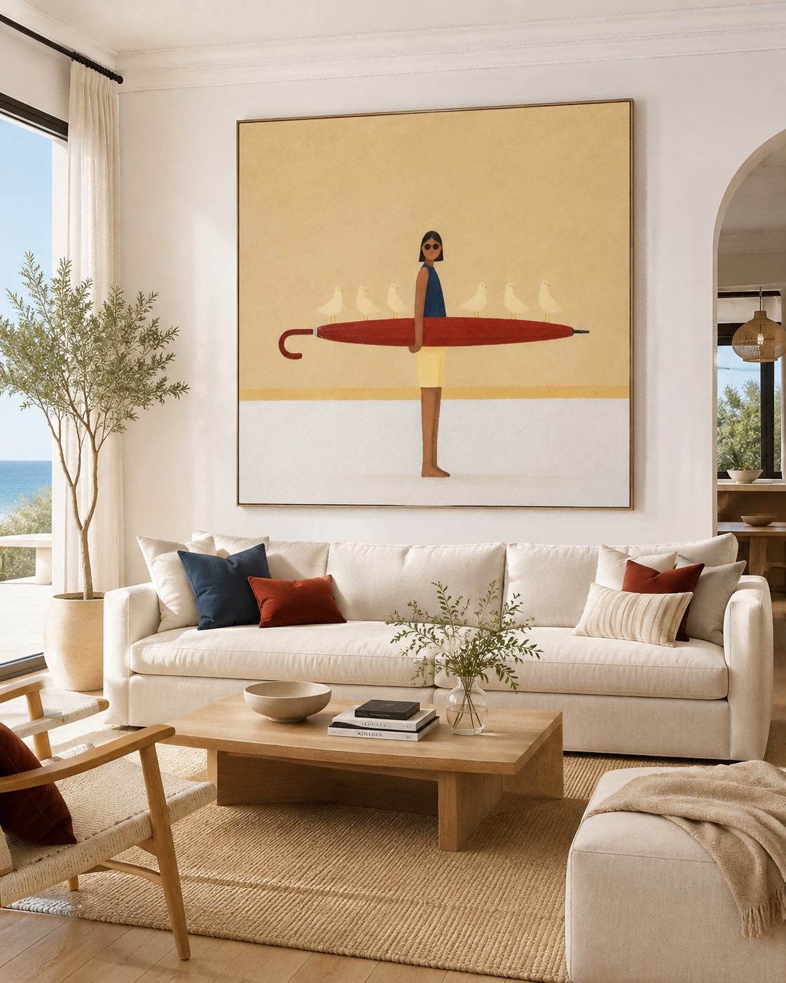 Woman With Red Umbrella And Birds Hand-Painted Canvas Art Abstract Figurative Painting With Playful Modern Aesthetic