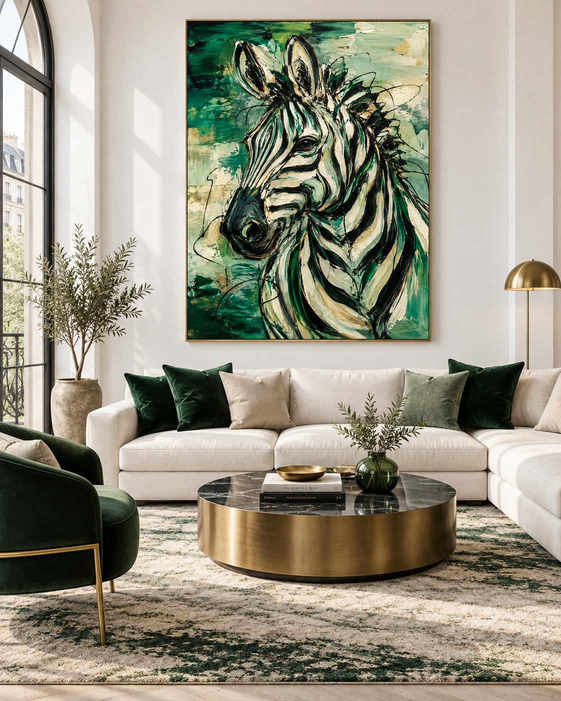 Graffiti Style Zebra Art Modern Abstract Canvas Painting Green And Gold Textured Wall Decor