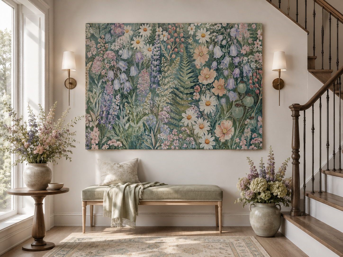 Textured Botanical Illustration Of Wildflowers And Greenery In Vintage Style