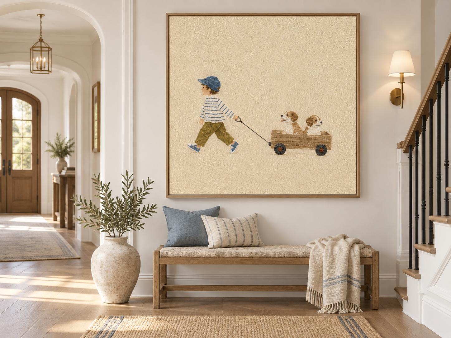 Warm Beige Kids Room Wall Art Boy And Dogs Original Painting