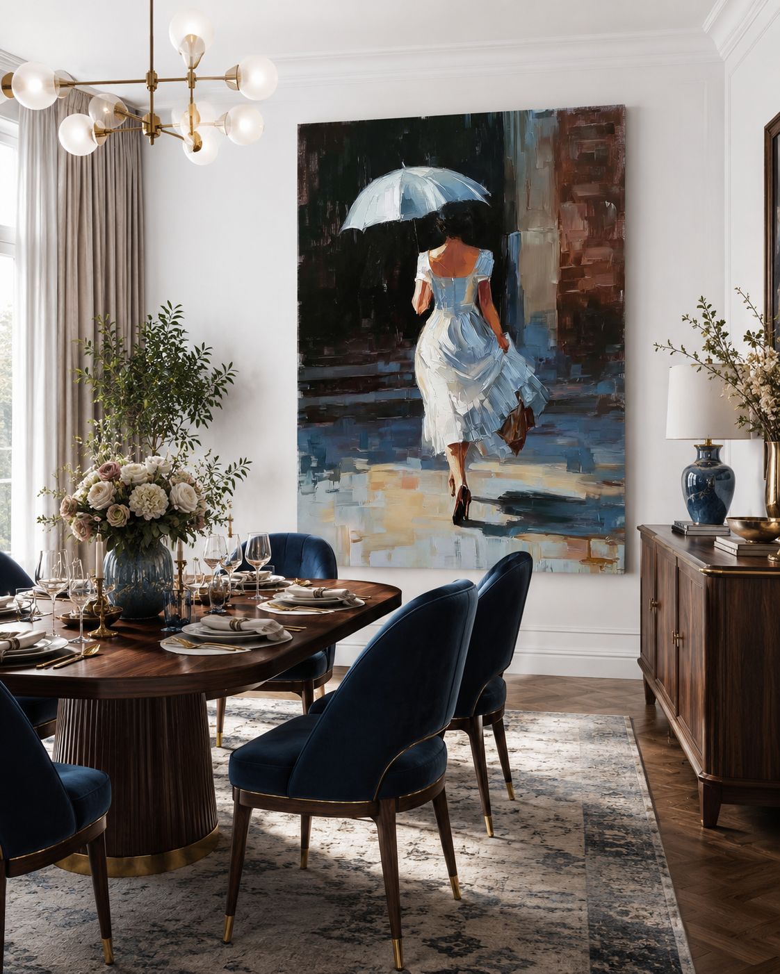 Woman With Umbrella Oil Painting Modern City Street Art For Living Room Decor