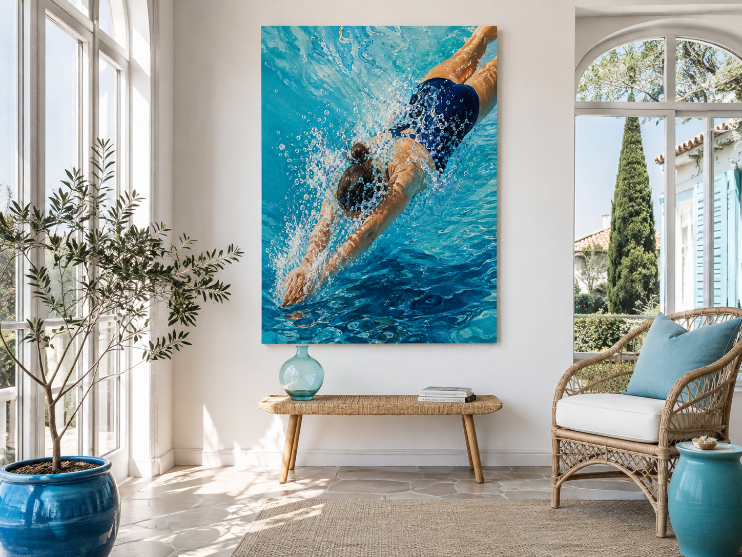 Impressionist Water Splash Art Blue Swimming Scene Canvas Print For Living Room