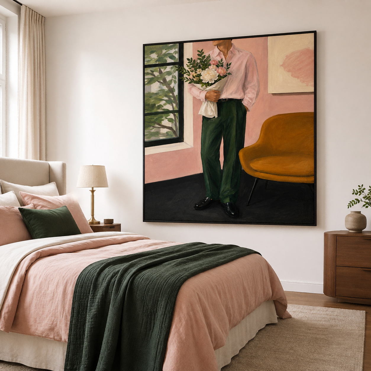 Modern Romantic Figurative Art Canvas Print Gentleman With Bouquet In Warm Tones