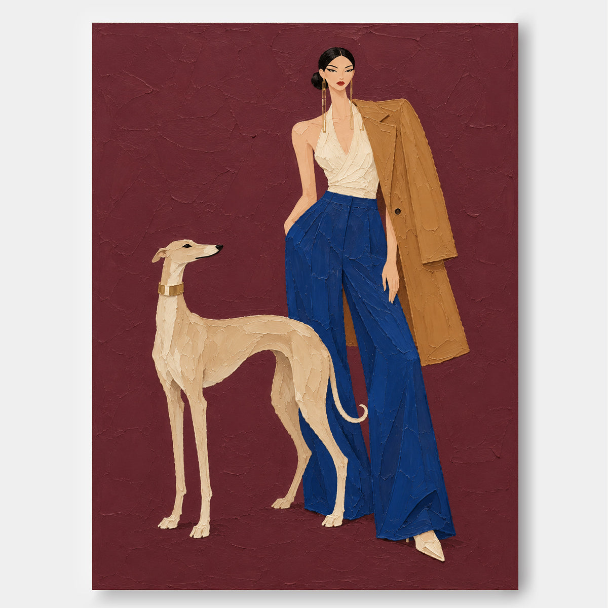 Fashion Woman And Greyhound Dog Canvas Painting In Burgundy Red