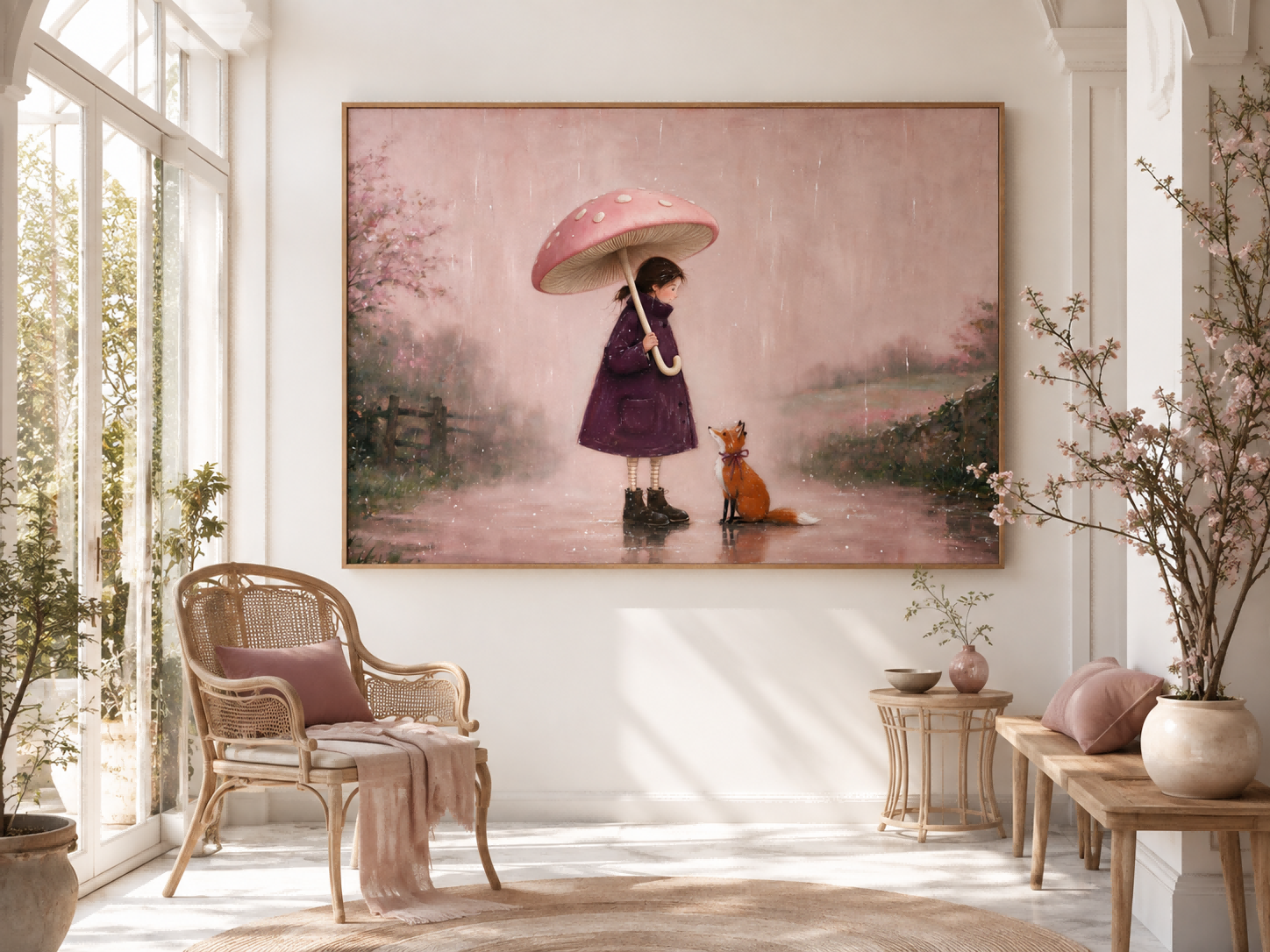 Vintage Girl With Fox Under Mushroom Umbrella In Rain Original Oil Painting