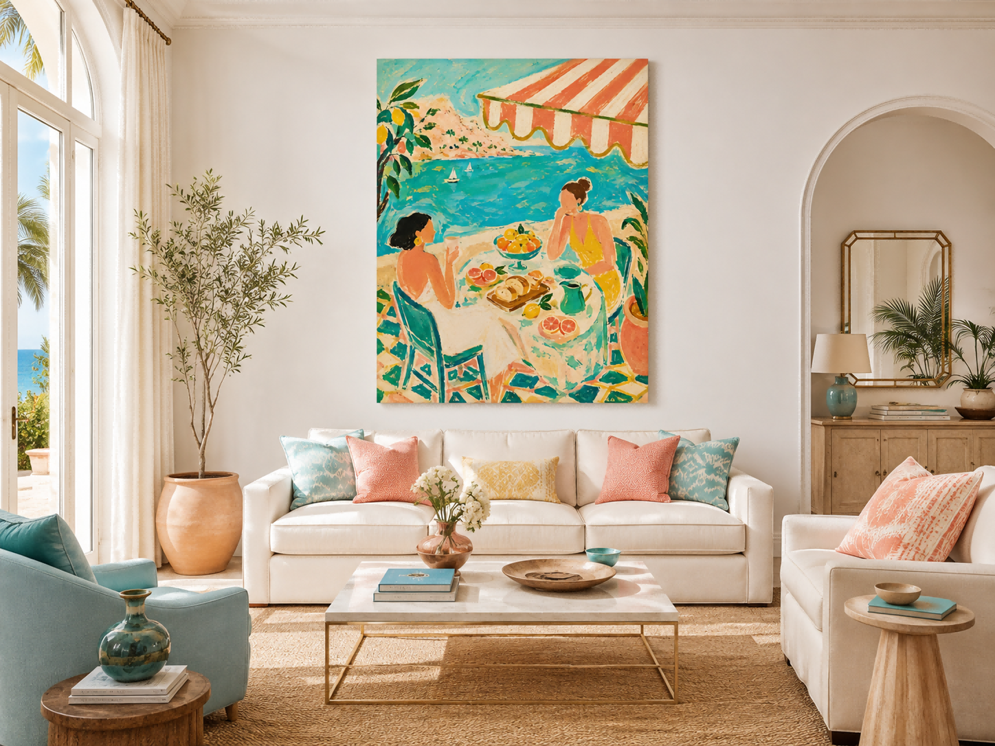Seaside Tea Party Women Art Deco Canvas Painting With Citrus And Ocean View