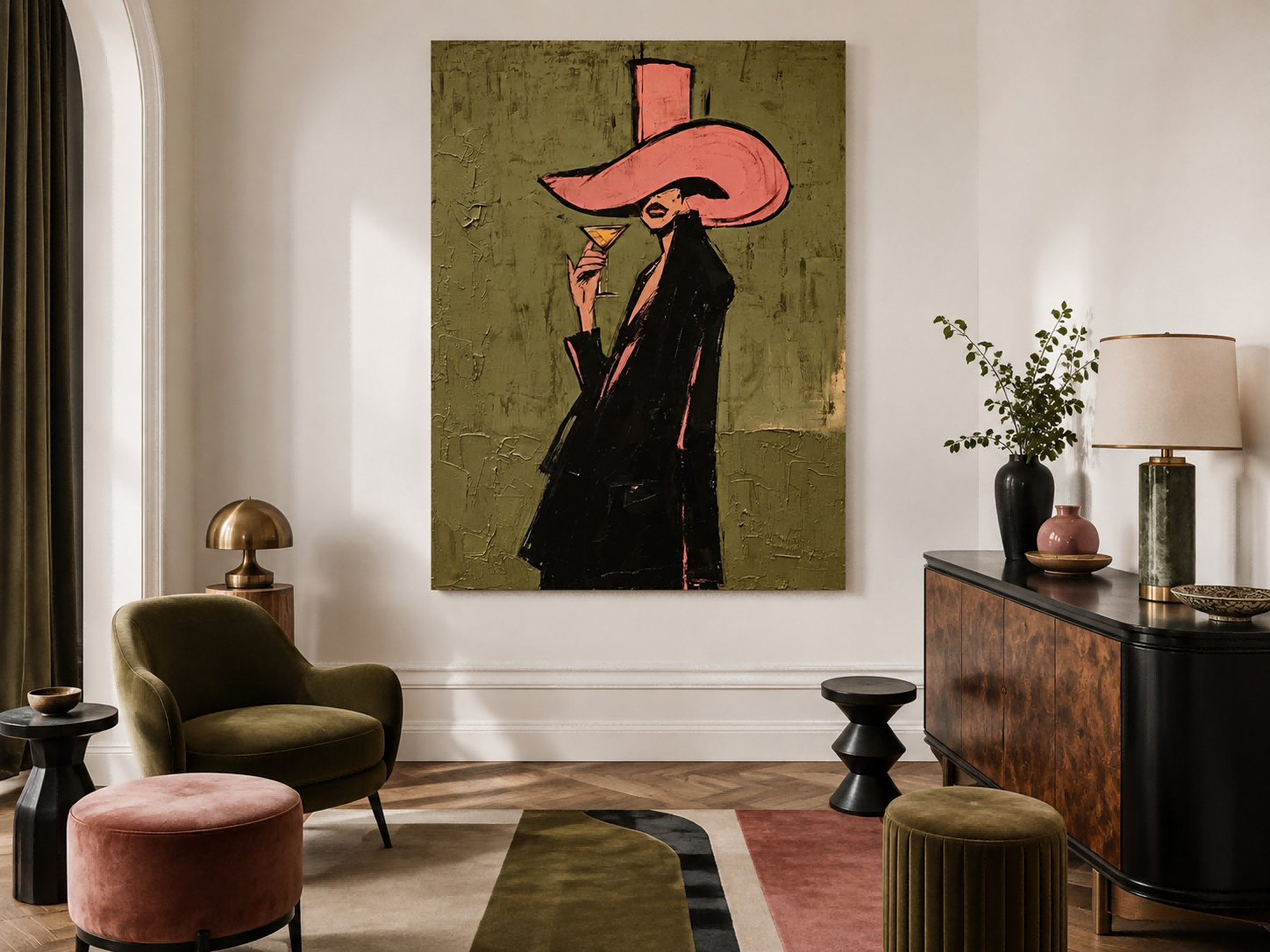 Chic Lounge Wall Art Featuring Elegant Lady Holding Cocktail Glass In Modern Retro Style
