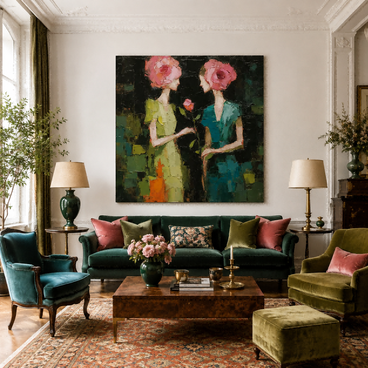 Vintage Style Oil Painting Of Two Women With Rose Heads For Living Room Wall Art Decor