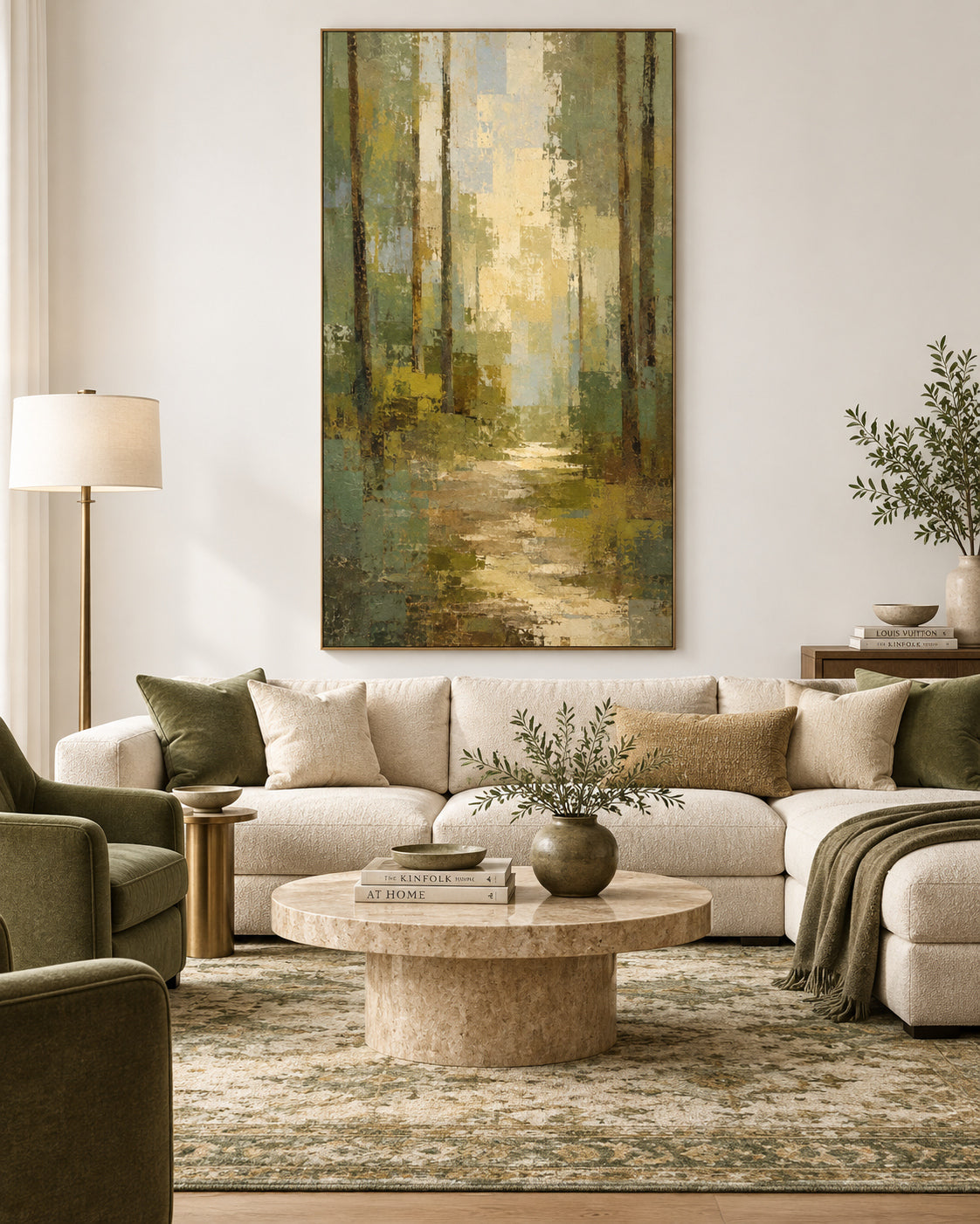 Abstract Forest Path Hand-Painted Canvas Art With Green And Gold Tones