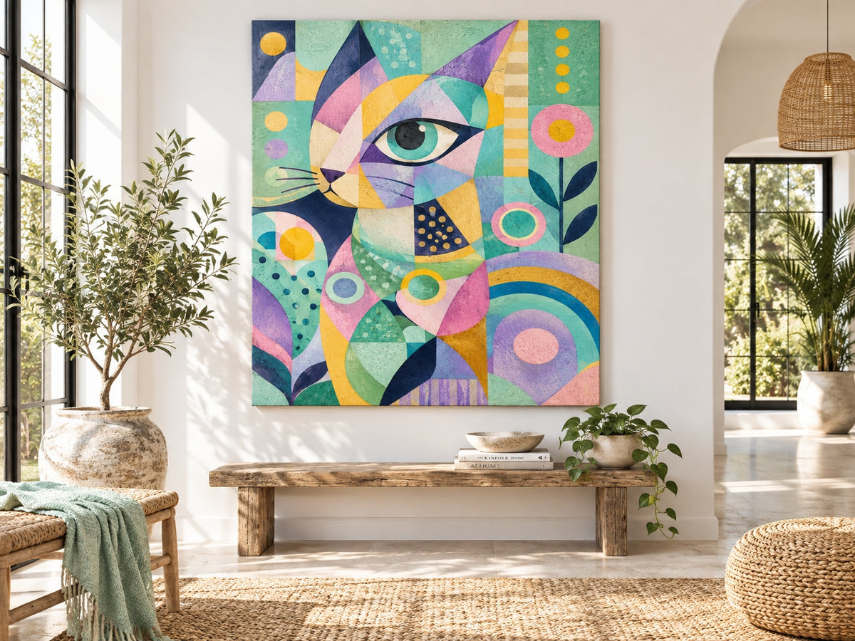 Modern Pop Art Cat Portrait With Textured Geometric Design