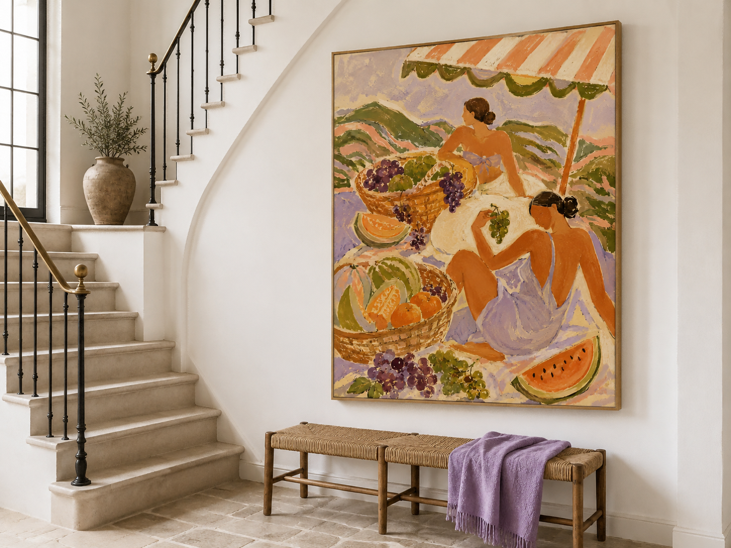 Fantasy Style Lavender And Orange Abstract Figure Oil Painting On Canvas Art Deco Women With Fruit Basket Hand-Painted Canvas Wall Art