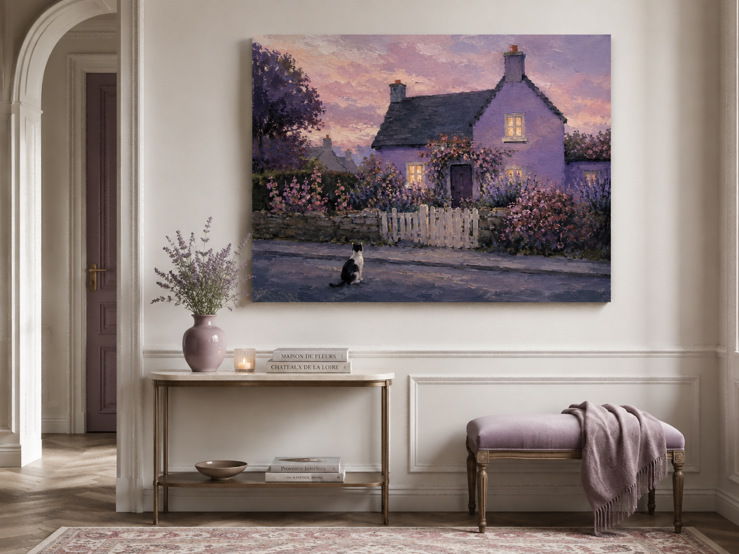 Pastoral Romantic Oil Style Art Purple House And Flowers