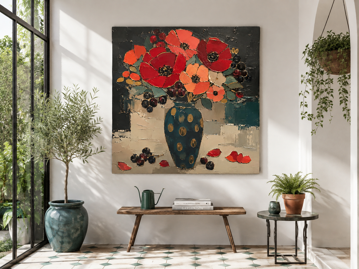 Hand-Painted Red Poppies And Teal Vase Abstract Floral Canvas Art With Gold Accents Abstract Expressionist Red Flower Painting With Impasto Technique And Vintage Charm