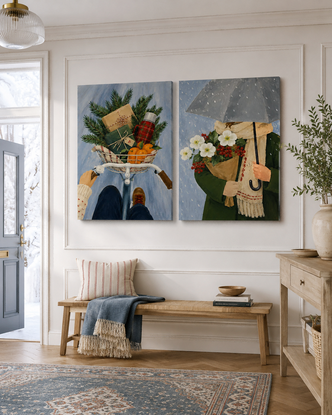 Hand-Painted Winter Scene Diptych With Bicycle And Flowers Canvas Art