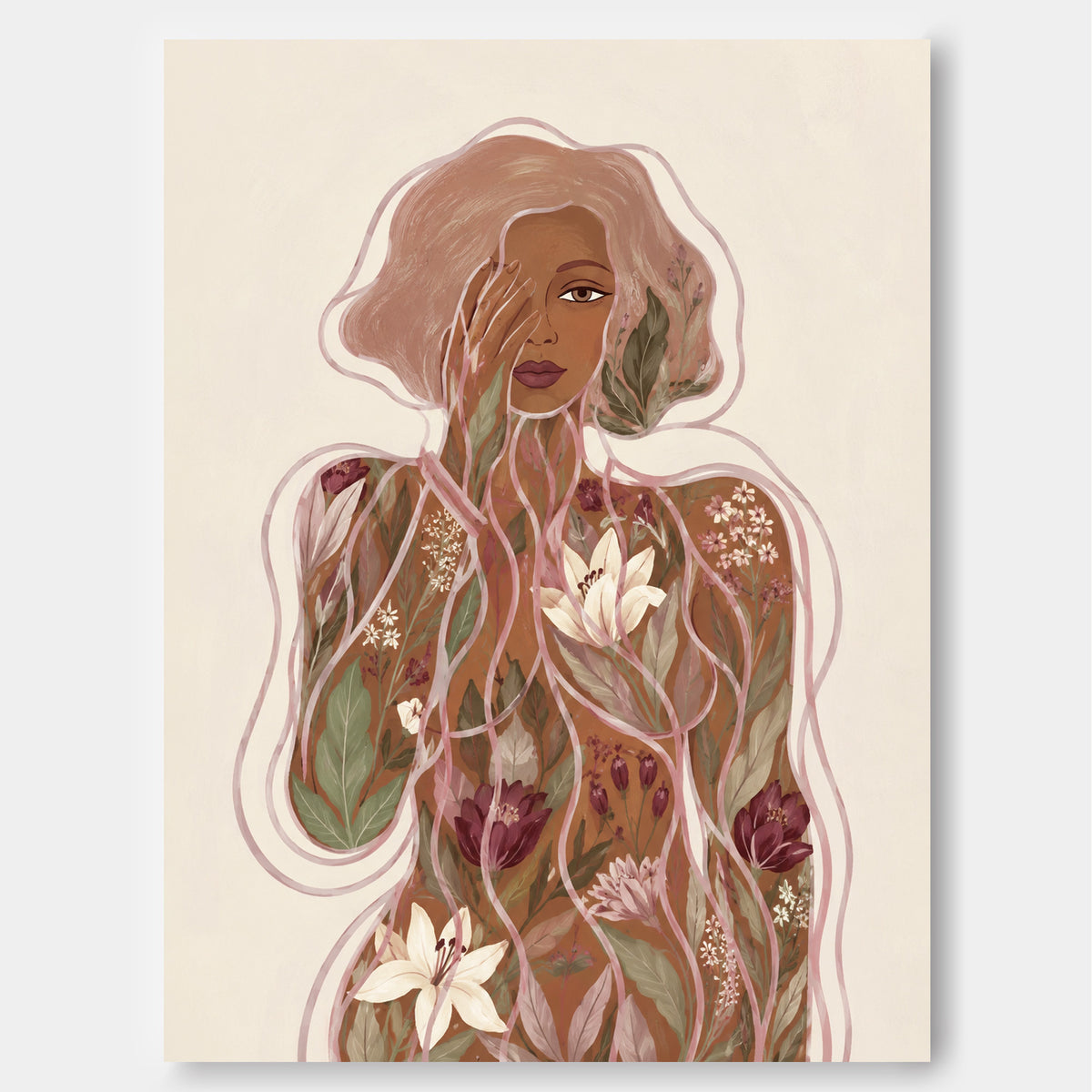 Hand-Painted Abstract Floral Woman Canvas Art In Earth Tones