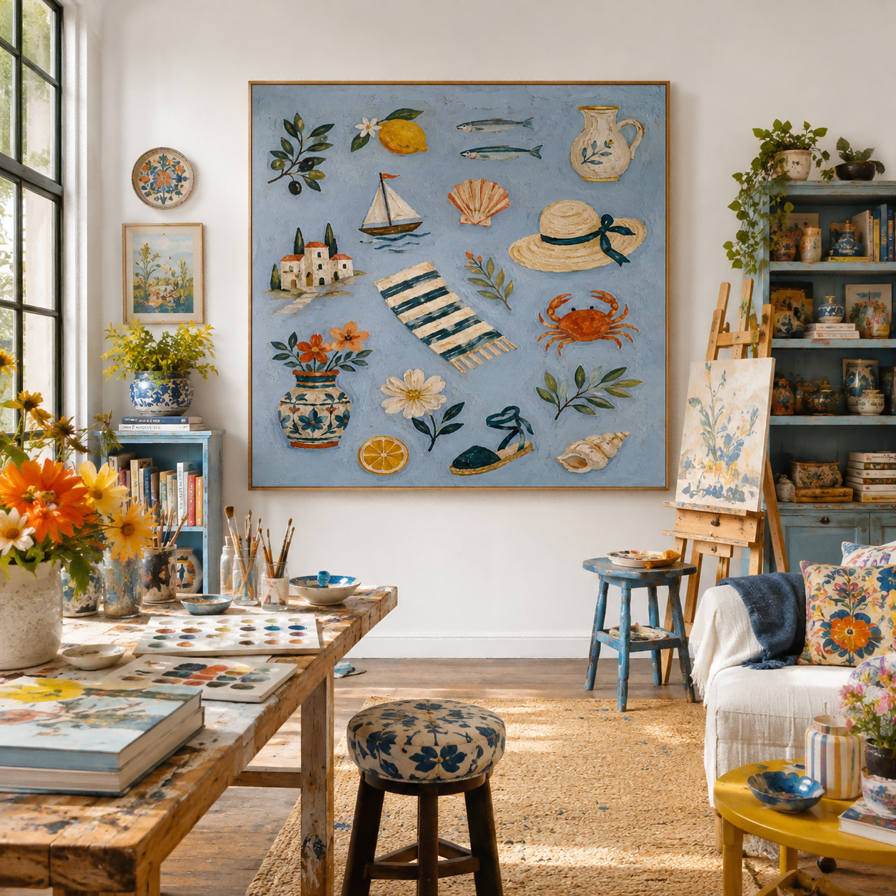 Mediterranean Bohemian Square Oil Painting With Sea Life And Lemons For Living Room Decor