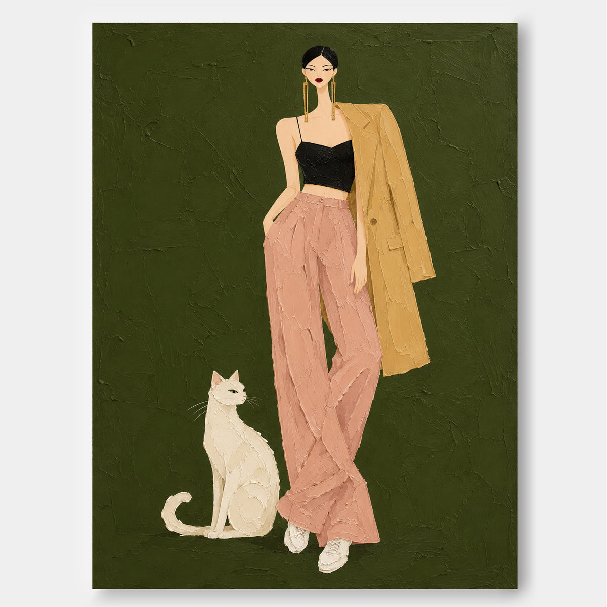Textured Impasto Style Painting Of A Chic Woman And Her Cat