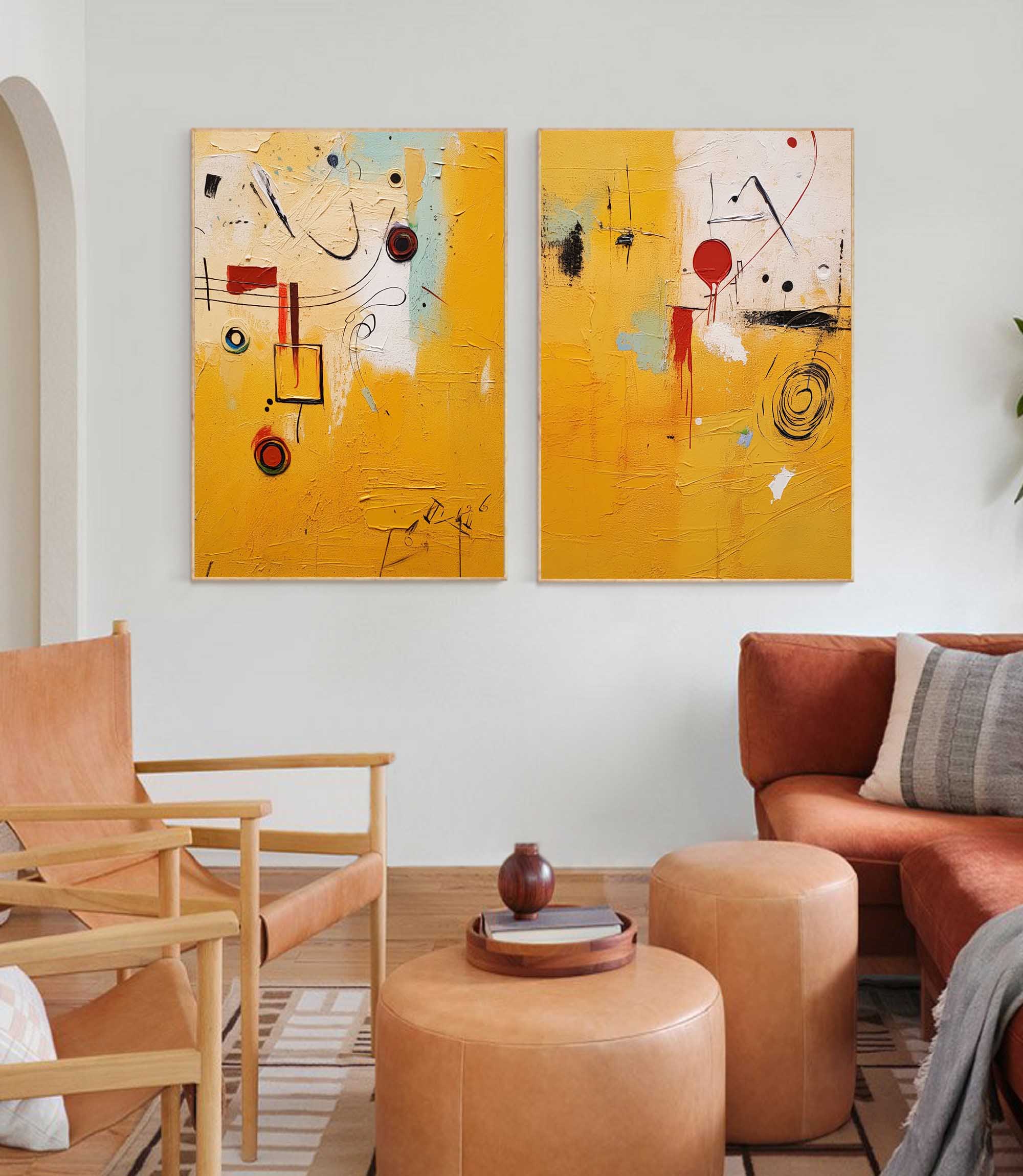 Set of 2 Yellow Large Abstract Graffiti Oil Painting Modern Wall Art Original Texture acrylic Painting Living Room Decor