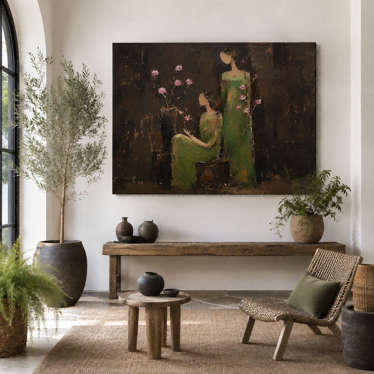 Vintage People Painting With Green Dresses And Pink Flowers For Living Room Wall Decor