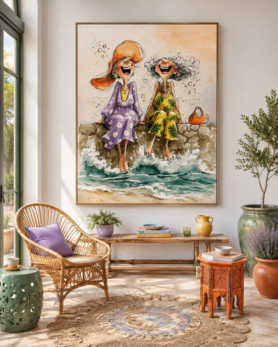 Whimsical Illustrative Oil Painting Of Women At Beach With Textured Canvas Finish