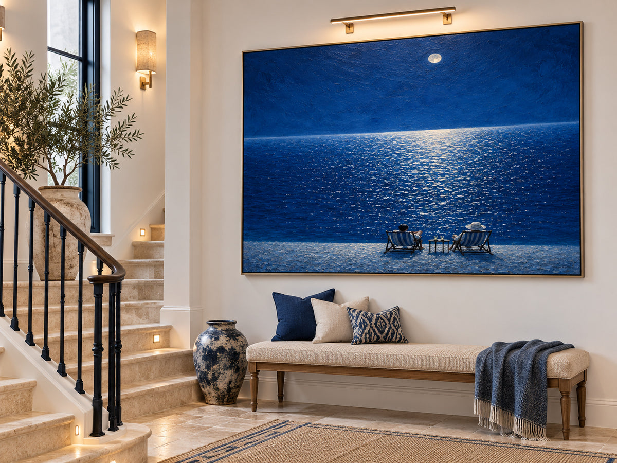 Moonlit Beach Couple Hand-Painted Canvas Art Deep Blue Sea