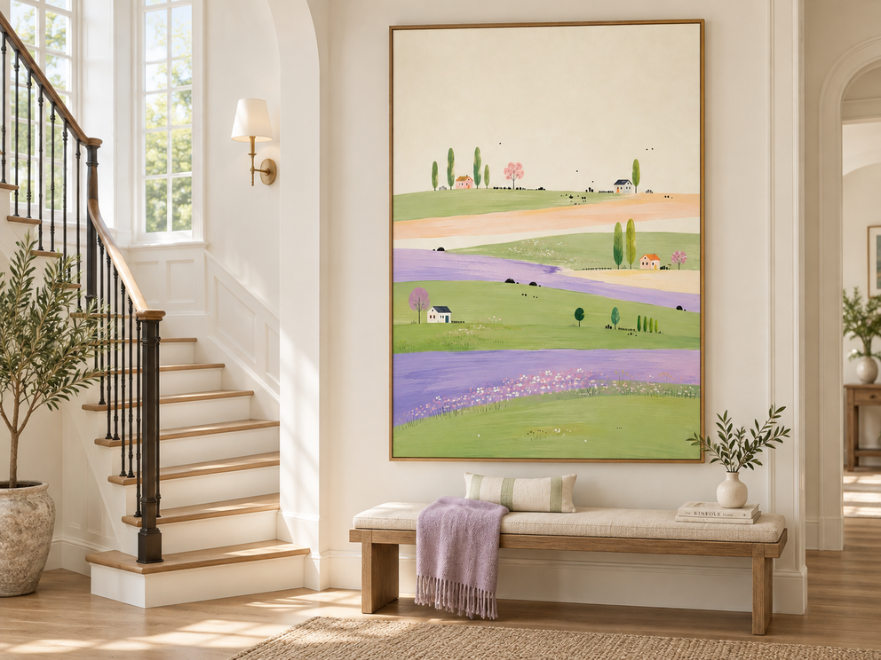 Whimsical Lavender Field Landscape Hand-Painted Canvas Art With Green Hills