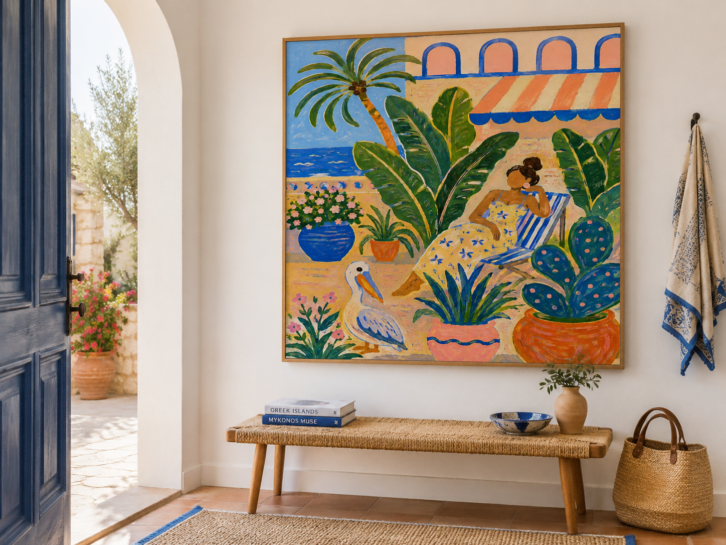 Art Deco Inspired Fantasy Beach Scene Original Canvas Painting With Bold Colors