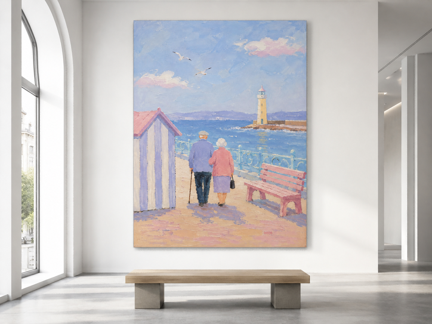 Romantic Impressionist Style Canvas Painting Of Beach Walk With Pastel Tones