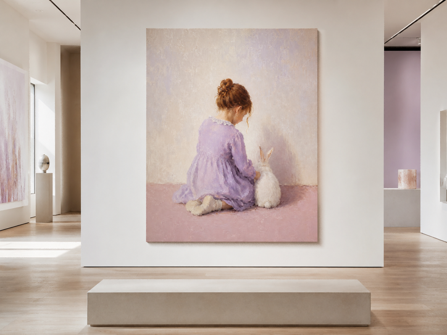 Classic Nursery Wall Art Girl And Bunny Painting For Kids Room