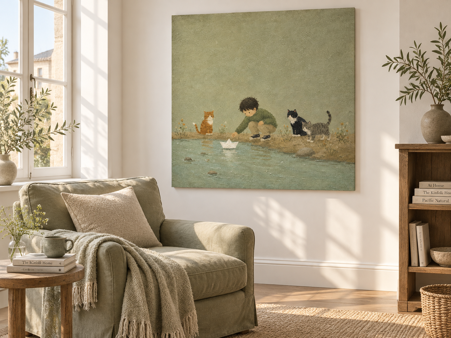 Whimsical Nursery Wall Art With Boy And Cats For Kids Room Modern Abstract Storytelling Canvas Painting With Textured Green