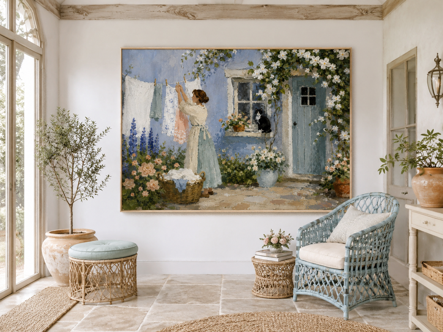 Woman Hanging Laundry With Cat In Blue Cottage Garden Hand-Painted Canvas Art