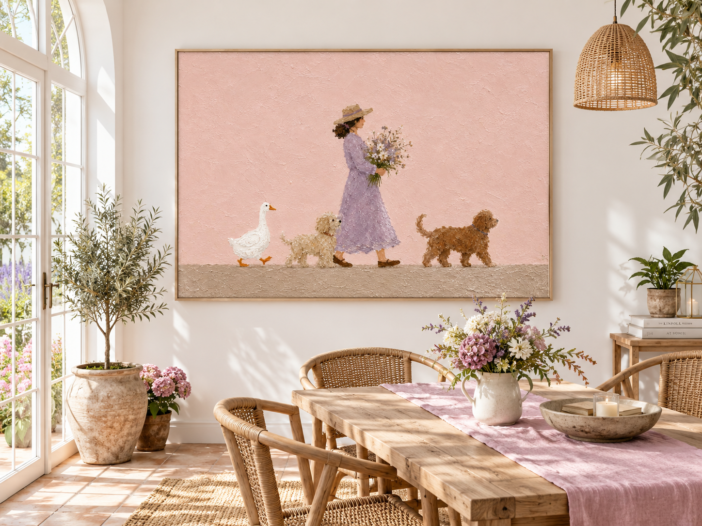 Modern Abstract Pastoral Art With Textured Pink Background And Whimsical Characters