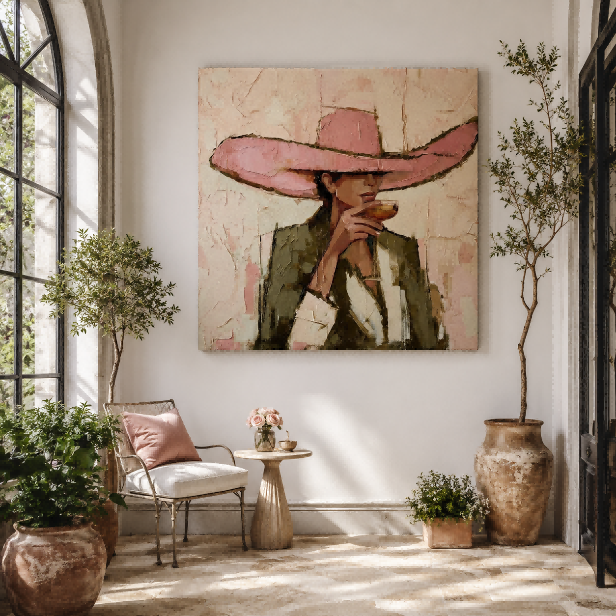 Vintage Fashion Woman Painting Pink Hat Square Canvas Art For Living Room Decor