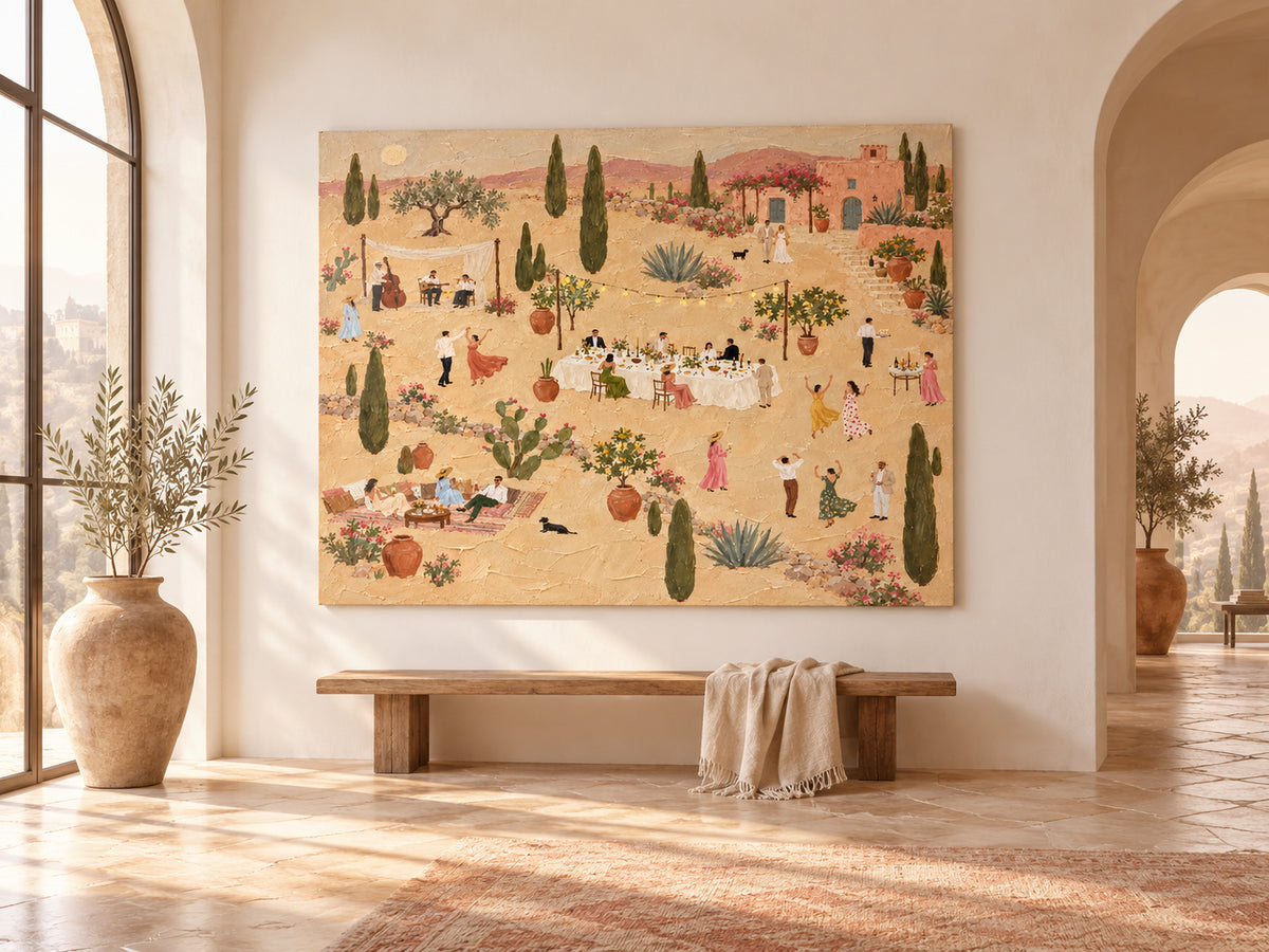 Outdoor Wedding Party Painting With Band And Guests In Tuscan Garden